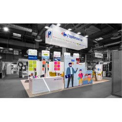 Photo d'un stand utilisant nos Cloison autoportante sur-mesure, toile tendu personnalisée